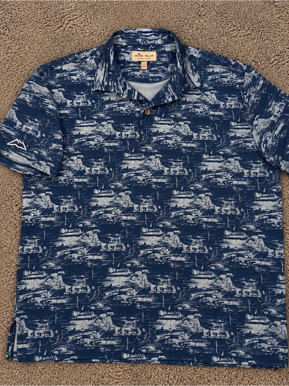Peter Millar Summer Comfort Mens L Navy Golf Ocean Print Polo Shirt